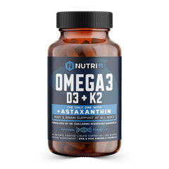 Nutri11 Omega-3 D3 K2 Astaxanthin bottle with enteric-coated capsules for smoother digestion.