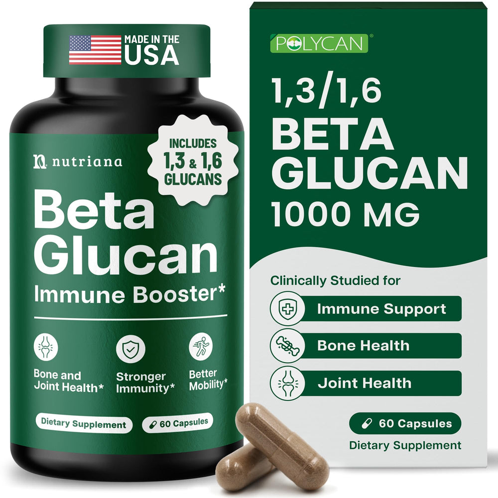Nutriana Beta Glucan bottle front view emphasizing immune support capsules.