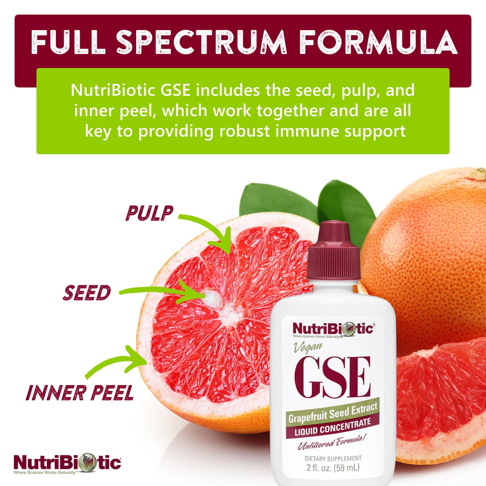 NutriBiotic GSE pulp-seeds-inner-rind image conveys complete grapefruit components.