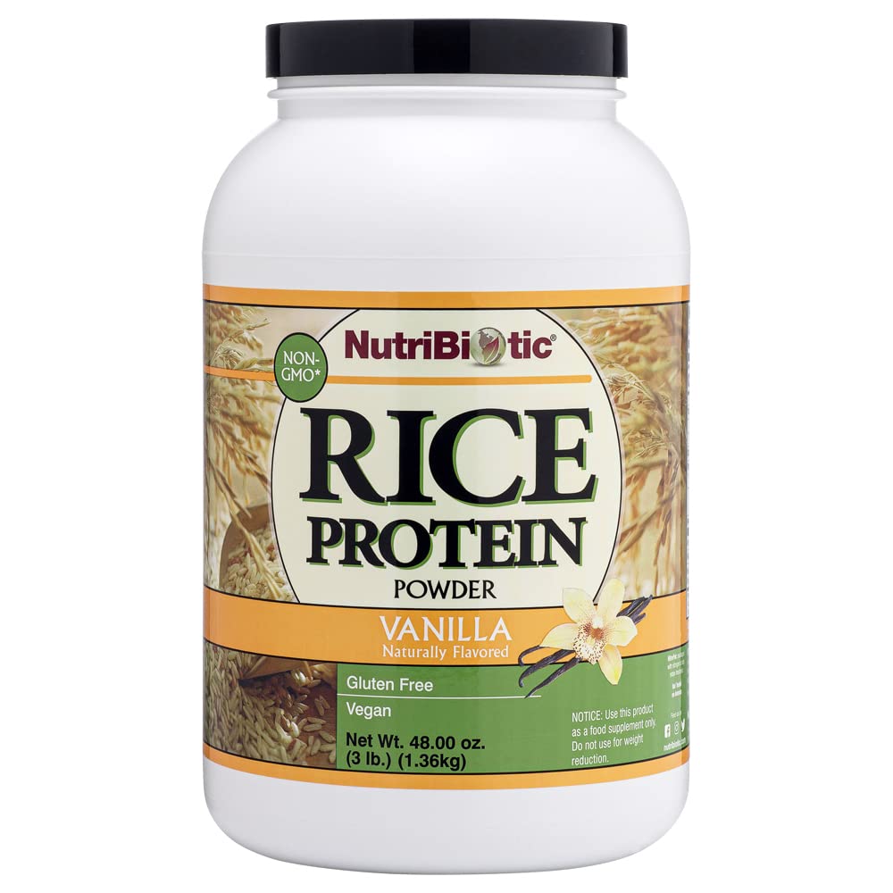 NutriBiotic vanilla rice protein package front for vegan nutrition.