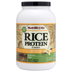 NutriBiotic vanilla rice protein package front for vegan nutrition.