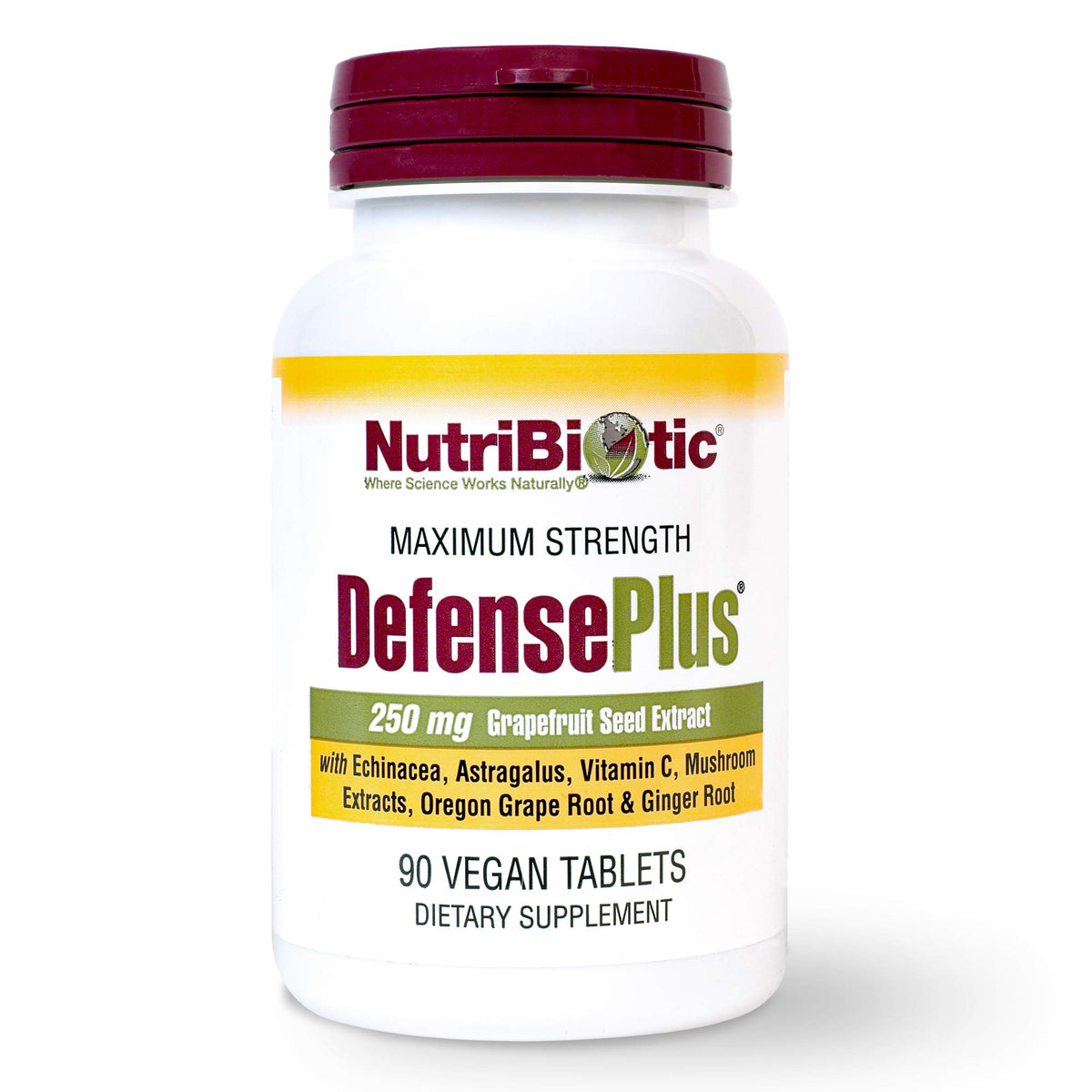 NutriBiotic DefensePlus 90-tablet bottle front, ready for daily immune support.