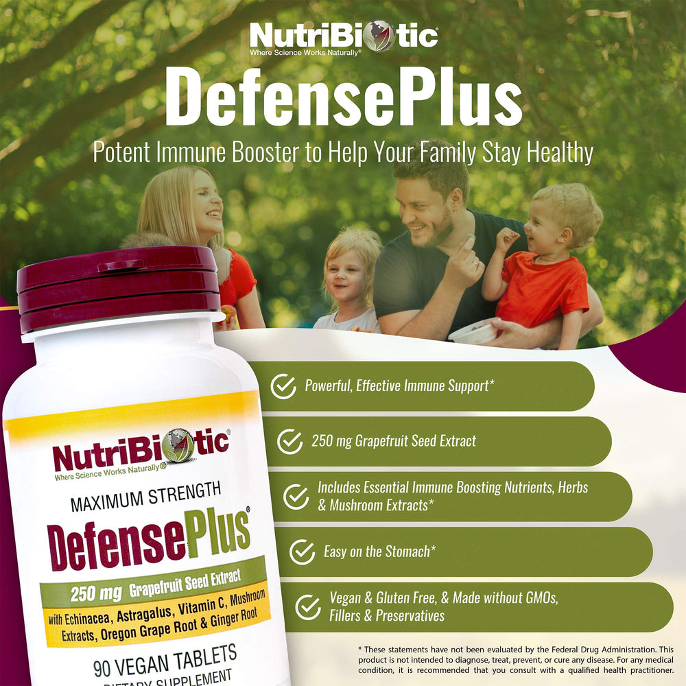 NutriBiotic DefensePlus image with mushrooms reishi, maitake, shiitake for immune balance.