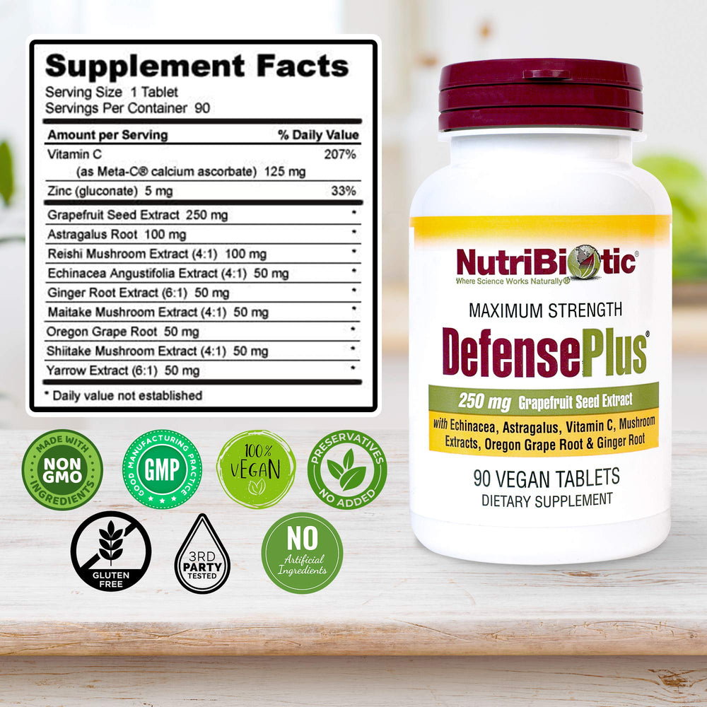 NutriBiotic DefensePlus vegan gluten-free badge indicating dietary options.