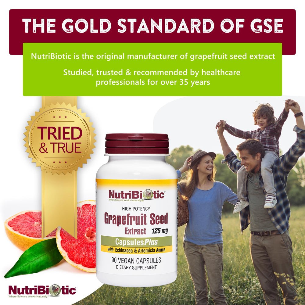NutriBiotic Grapefruit Seed Extract Capsules label front showing vegan and non-GMO benefits.