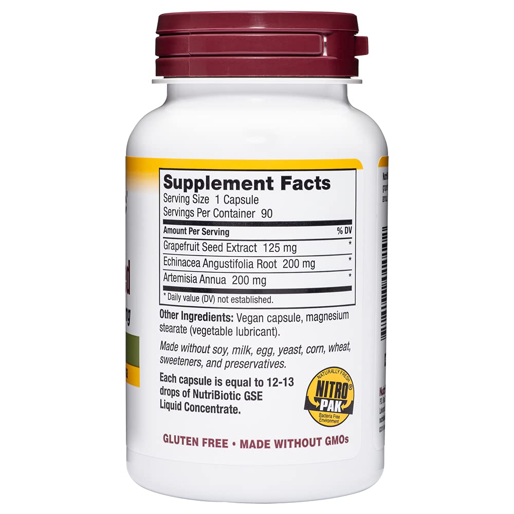 NutriBiotic Grapefruit Seed Extract Capsules on display with a crisp label on shelf.