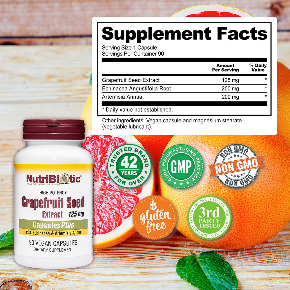 NutriBiotic Grapefruit Seed Extract Capsules packaging on a clean desk for convenient storage.