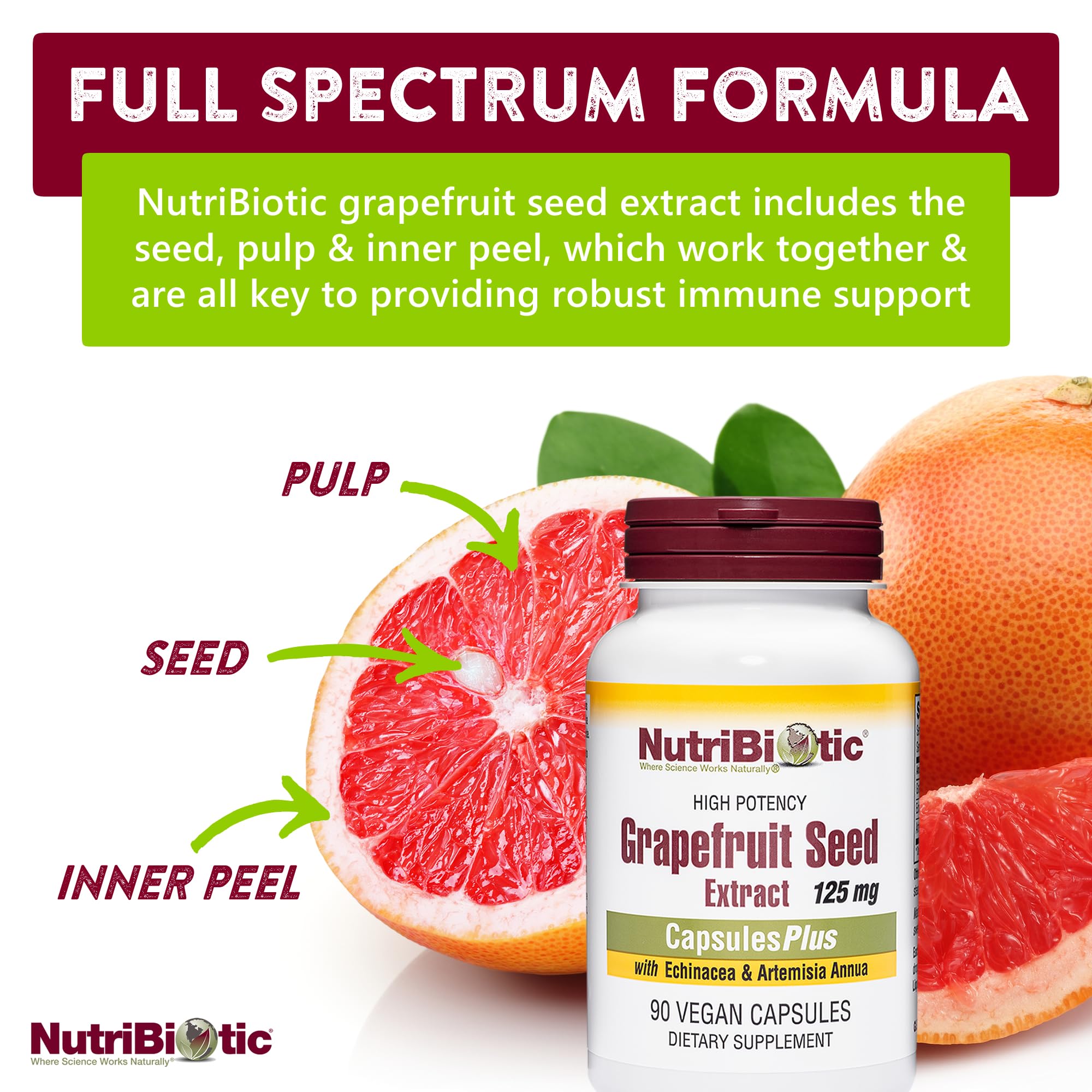 NutriBiotic Grapefruit Seed Extract Capsules being poured for easy daily use.