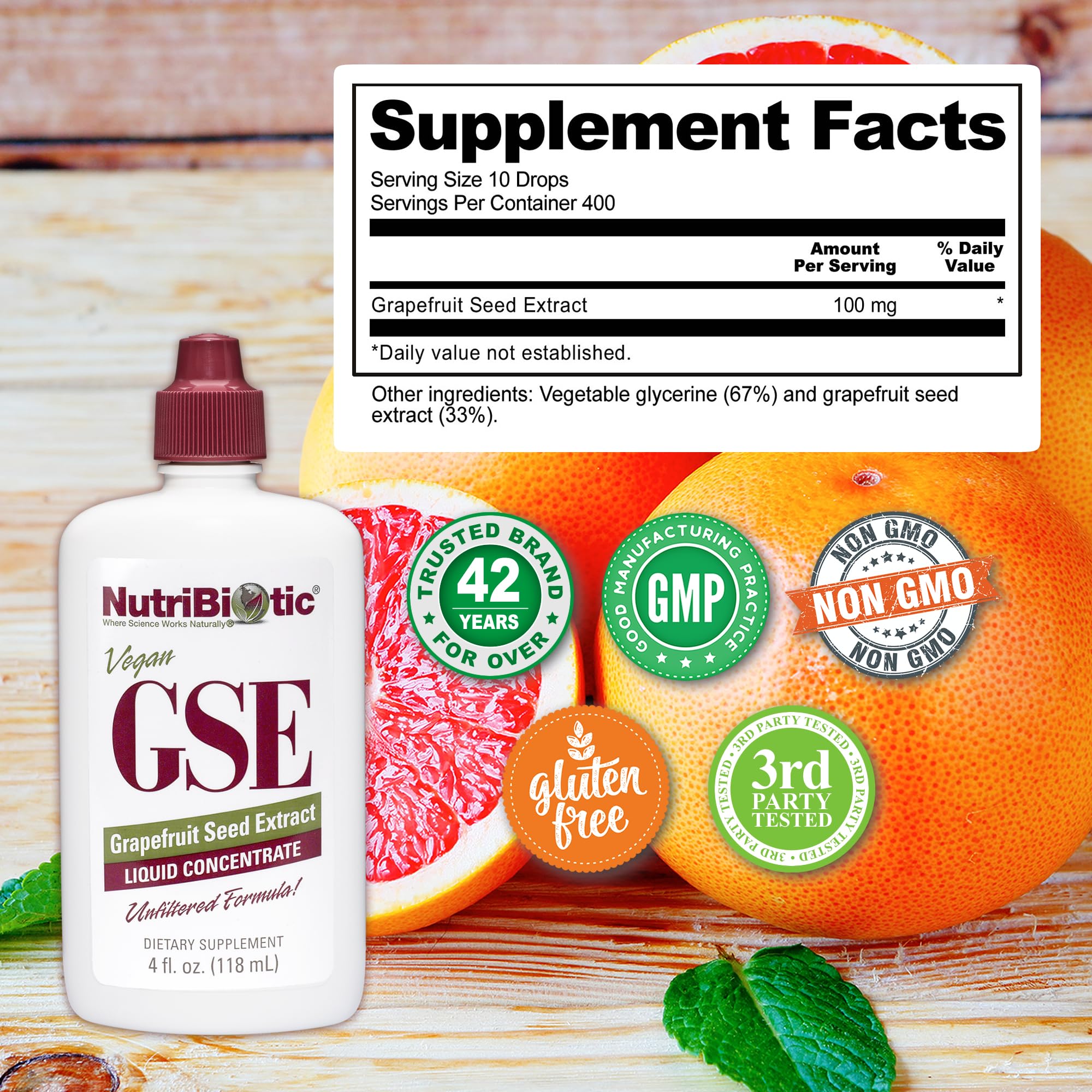 NutriBiotic GSE dropper dispense illustrates simple measurement