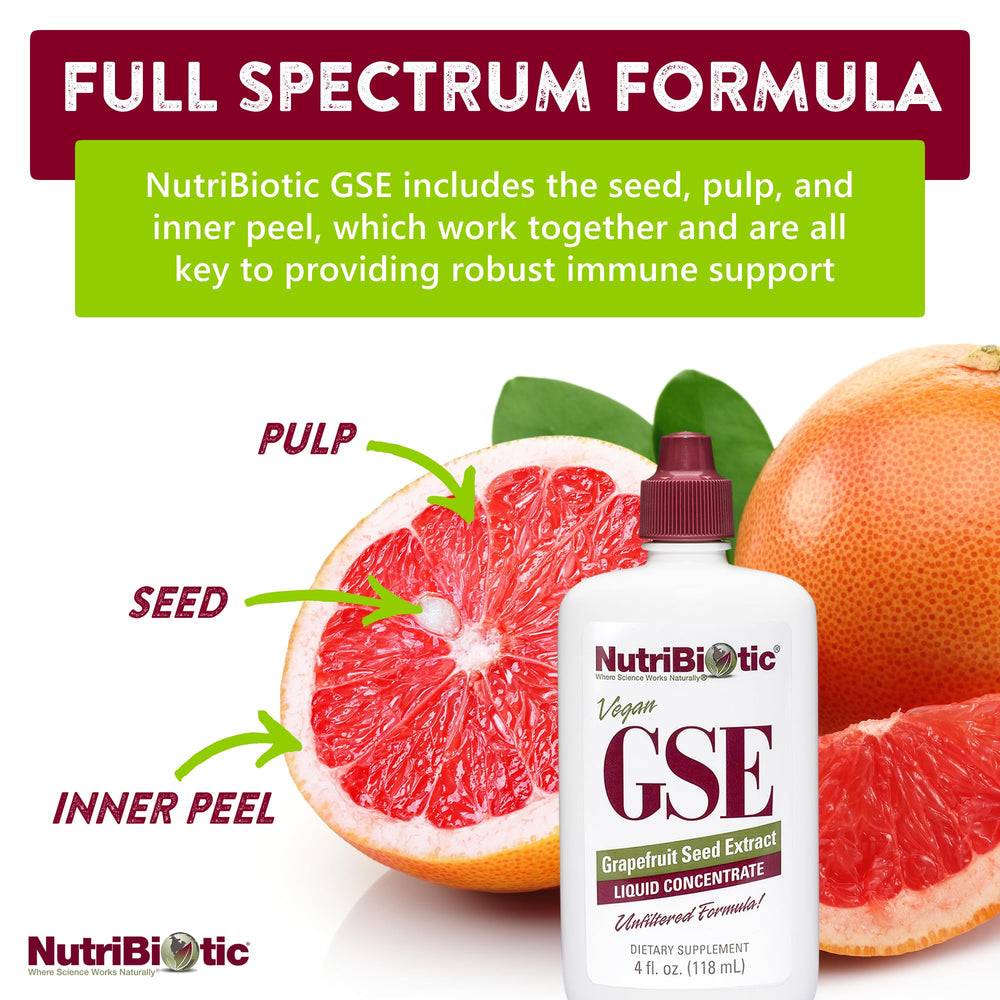 NutriBiotic GSE ingredients graphic emphasizes pulp, seeds and rind