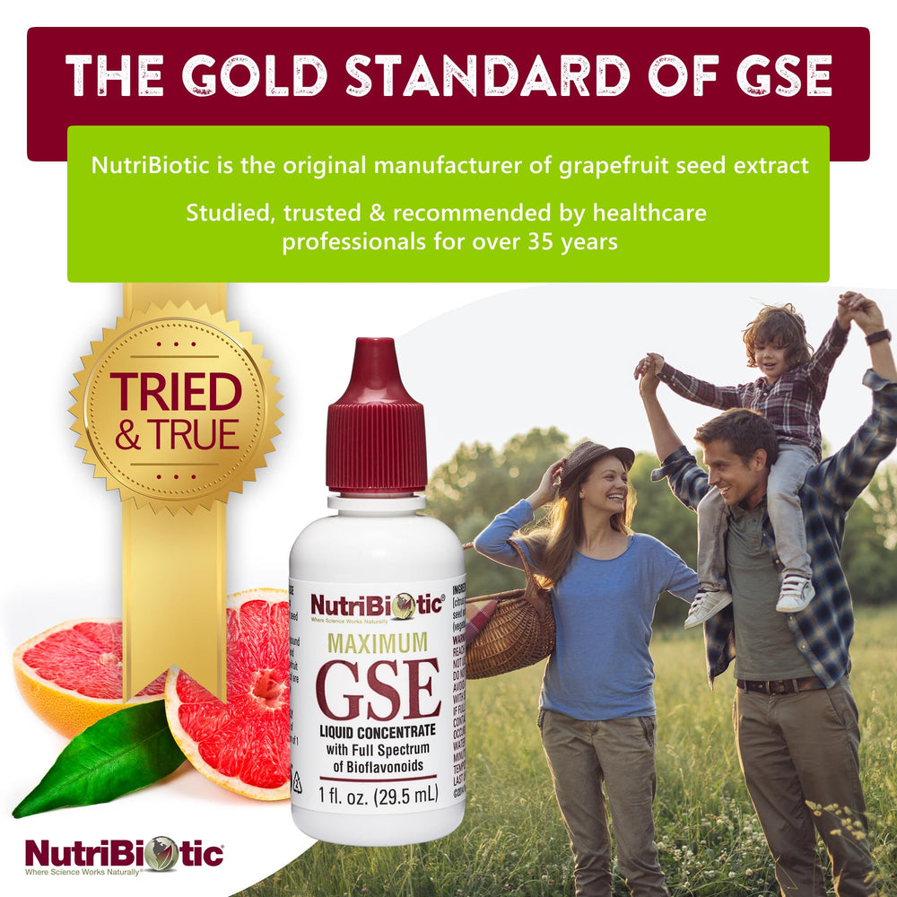 NutriBiotic Max GSE bottle label close-up highlighting USA-made quality and bioflavonoids
