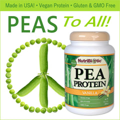 NutriBiotic pea protein vanilla ingredients panel; non-GMO and gluten-free.