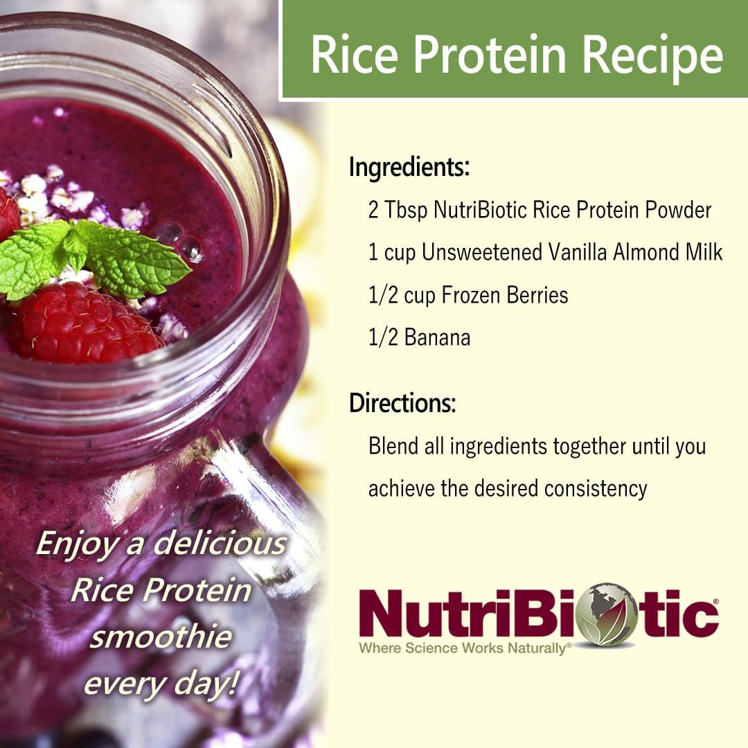 NutriBiotic plain rice protein ingredients panel, reflecting clean production.