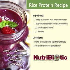 NutriBiotic plain rice protein ingredients panel, reflecting clean production.