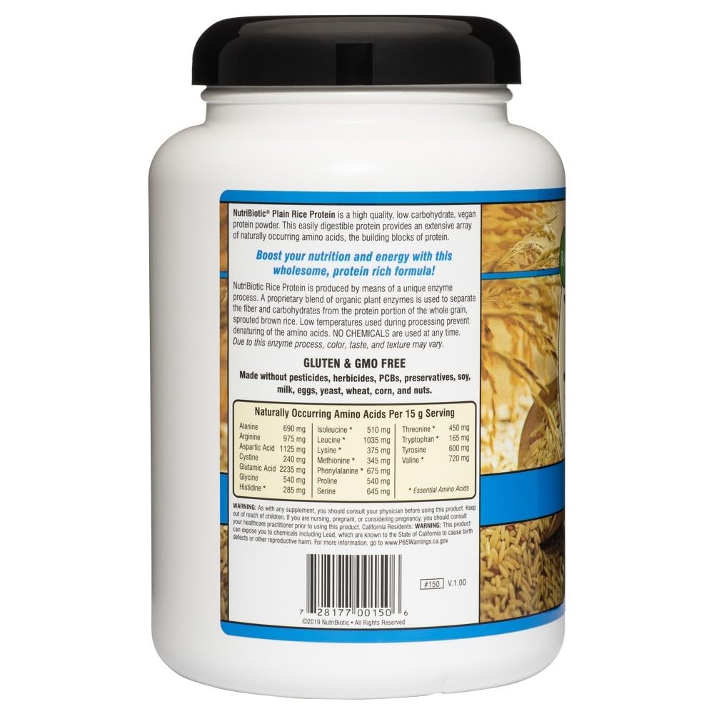 NutriBiotic plain rice protein label, highlighting gluten-free, GMO-free processing.