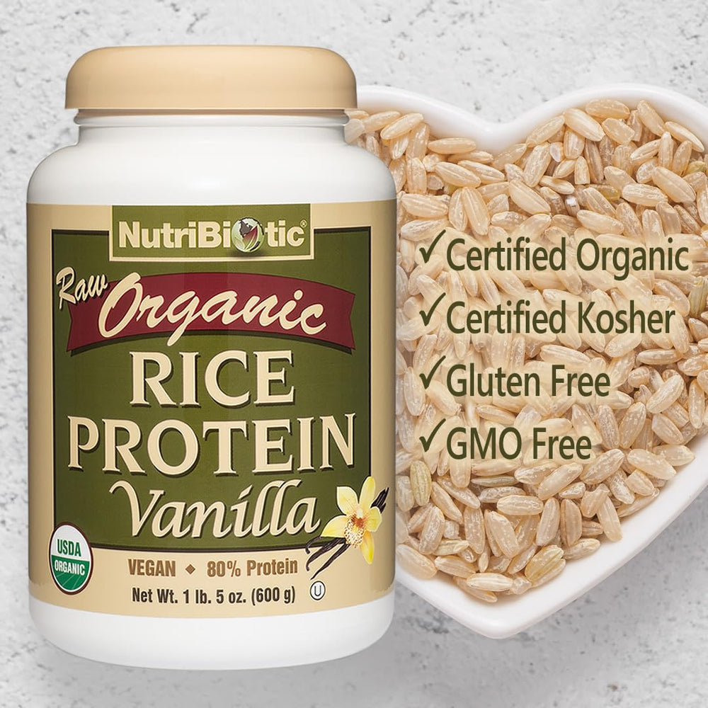 NutriBiotic ingredients panel emphasizes allergen free certified organic rice