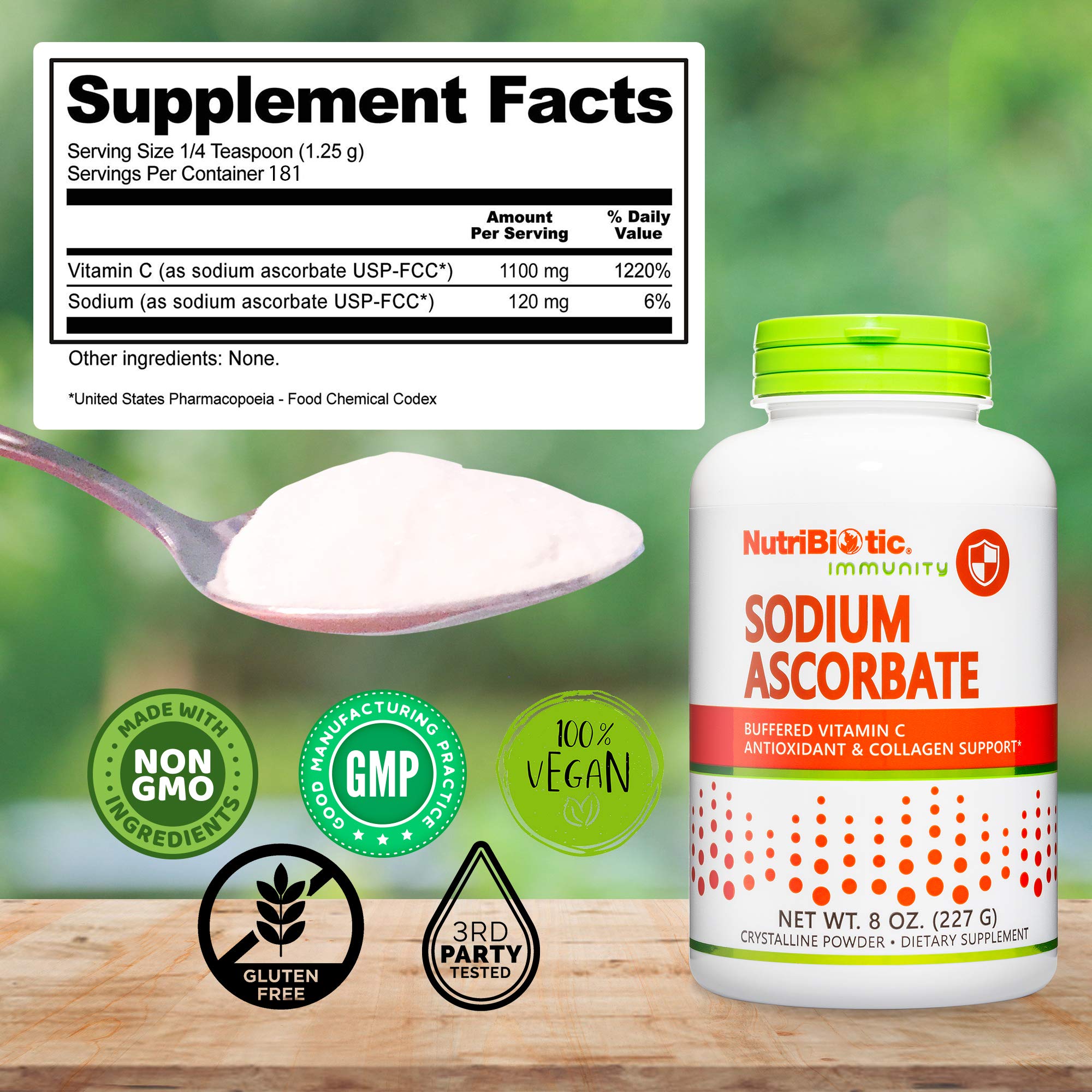 NutriBiotic vitamin C powder with kid-friendly mixing into juice.