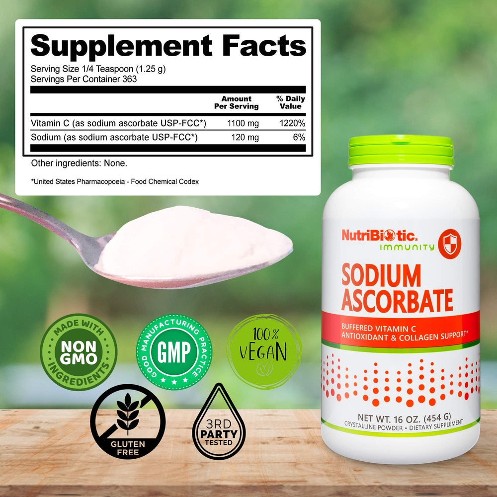 NutriBiotic sodium ascorbate powder label emphasizing gluten-free and GMO-free ingredients