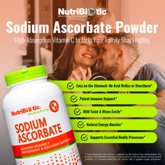 NutriBiotic sodium ascorbate powder packaging highlighting vegan, non-acidic formula