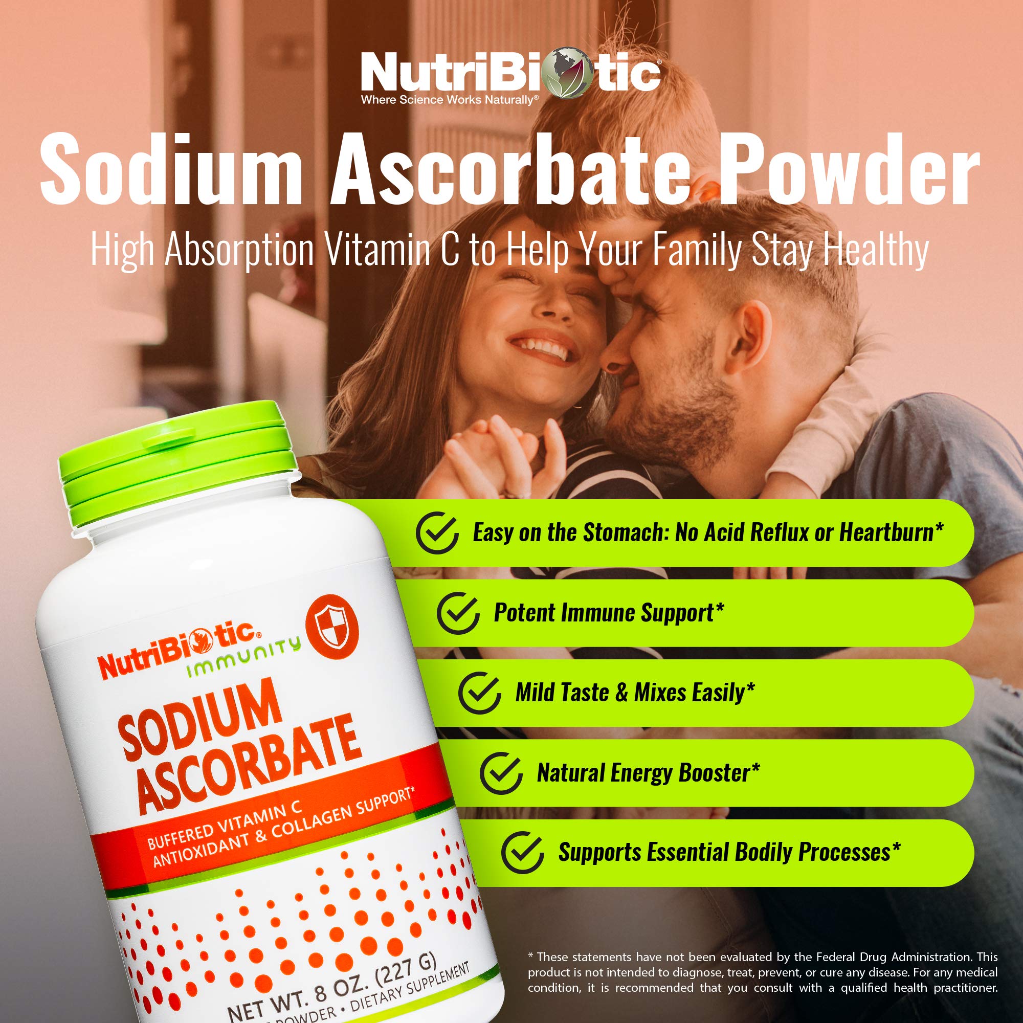 NutriBiotic scoop dispensing into beverage for smooth, gentle mixing.