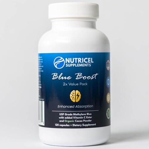 Nutricel Methylene Blue Capsules with blue water confirming authenticity.