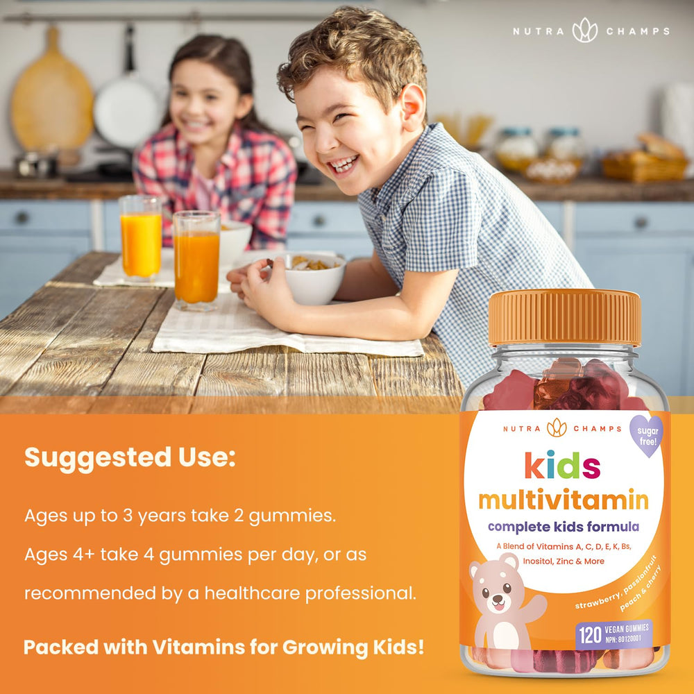 NutraChamps Kids Gummies bottle label highlights vegan non-GMO formula