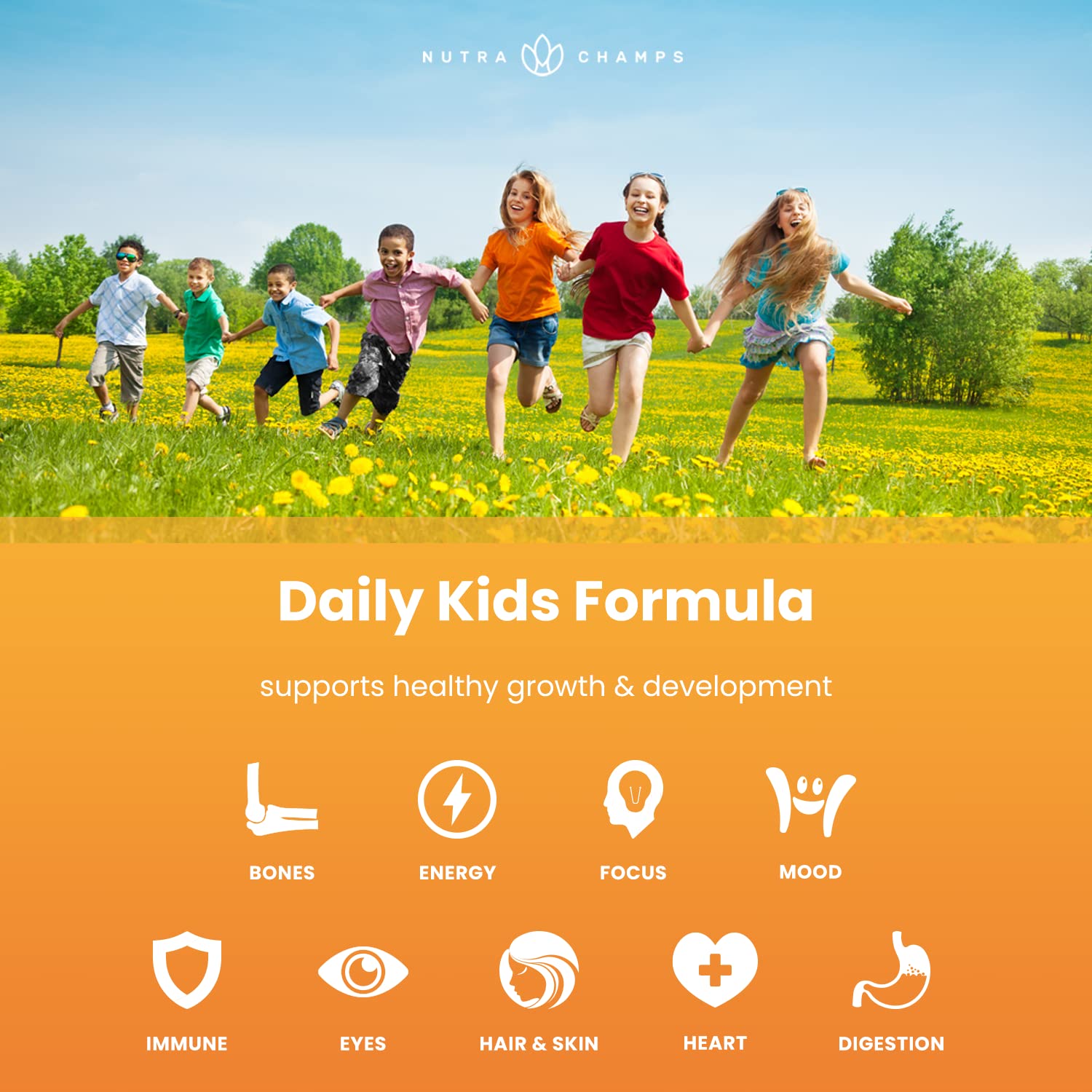 NutraChamps Kids Gummies jar with pour demonstrates easy daily serving