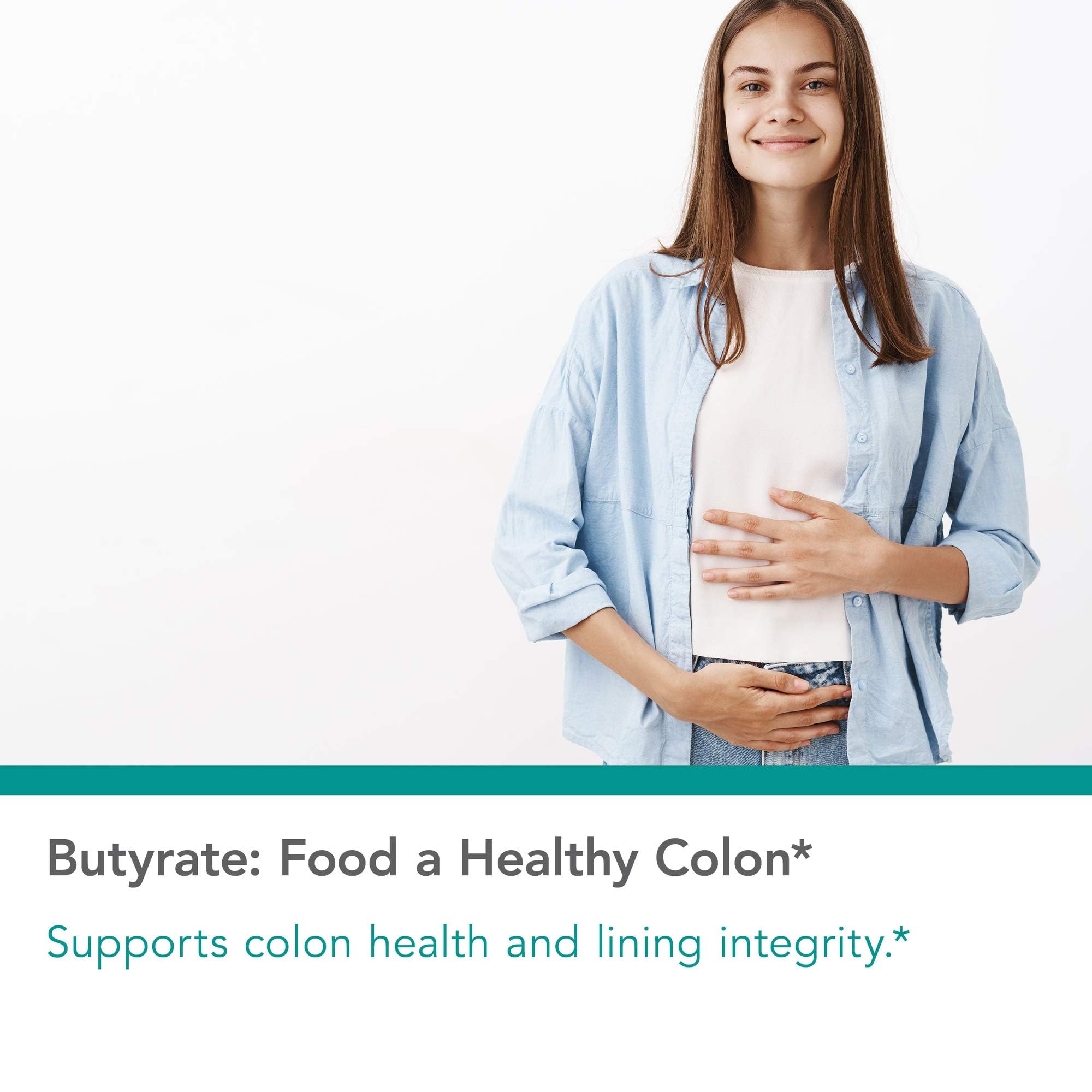 Nutricology ButyrAid tributyrin complex graphic illustrating four butyrate molecules for colon health.