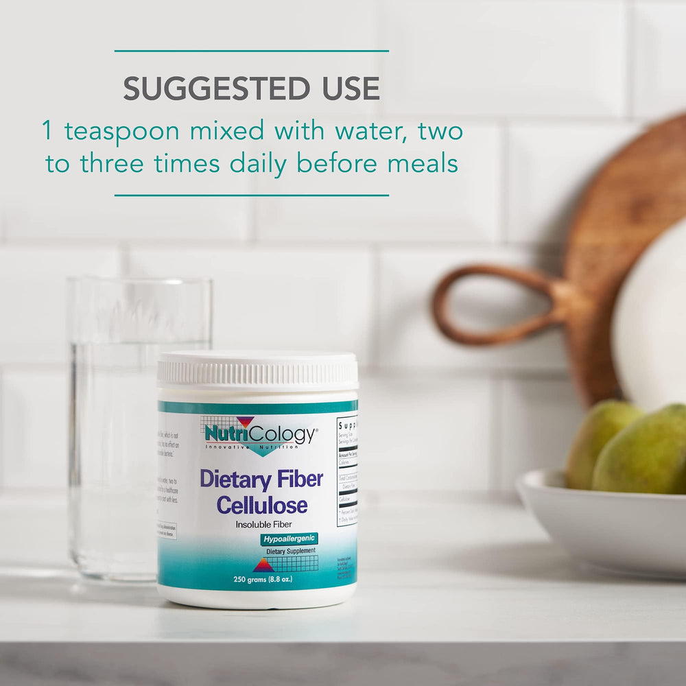 Nutricology Dietary Fiber Powder jar emphasizing insoluble, non-fermentable fiber.