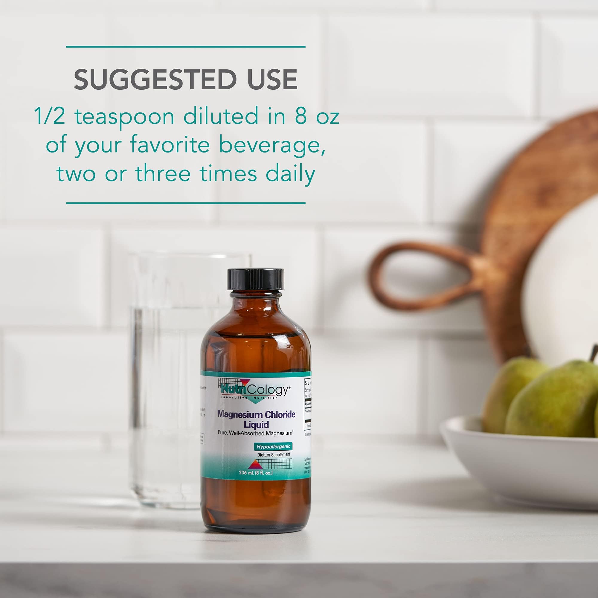 Nutricology Magnesium Chloride Liquid bottle with glass, emphasizing joint support.