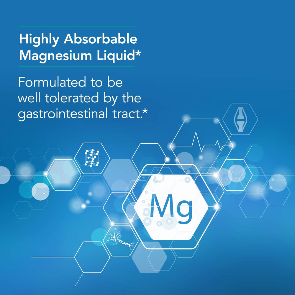 Nutricology Magnesium Chloride Liquid dosage cup showing a measured serving for daily minerals.