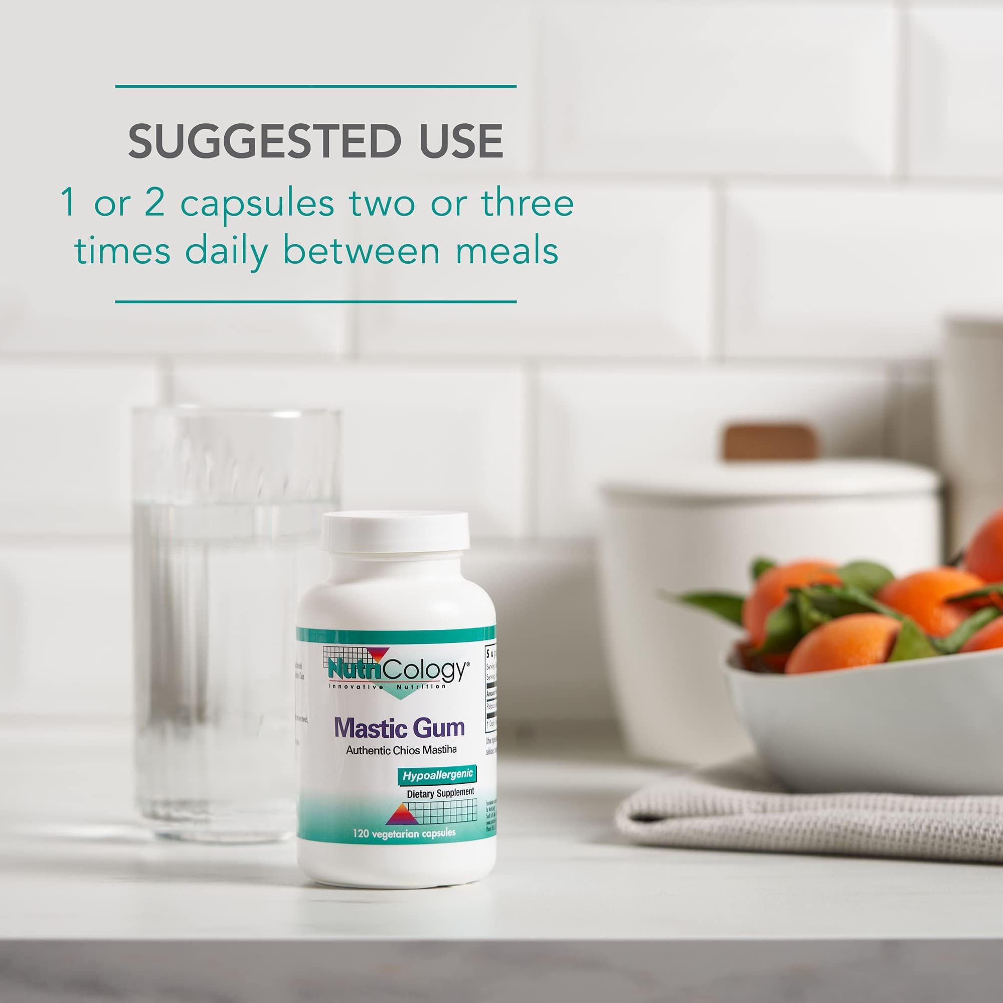 Nutricology Mastic Gum bottle shot emphasizing simple dosing per day.