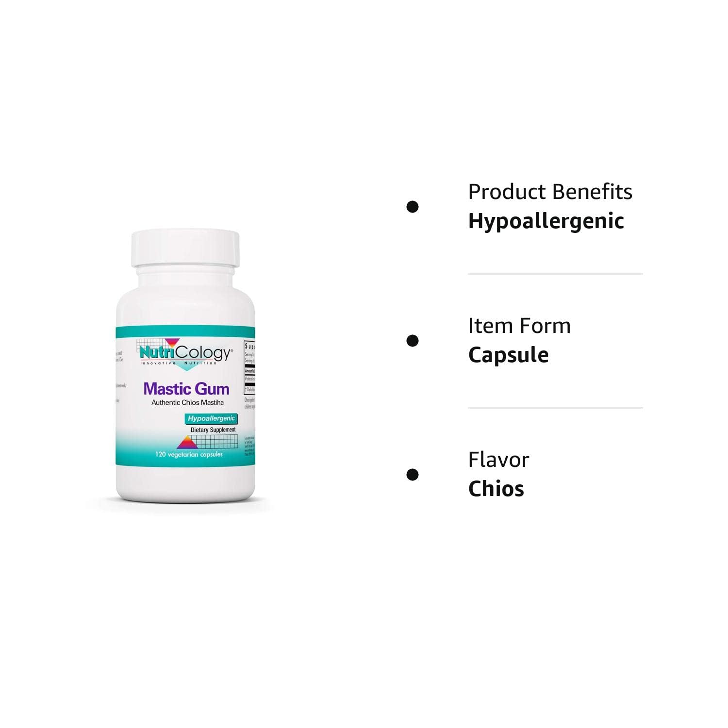 Nutricology Mastic Gum ingredients illustration indicates resin-based formula.