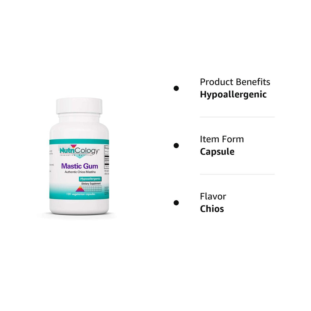 Nutricology Mastic Gum ingredients illustration indicates resin-based formula.