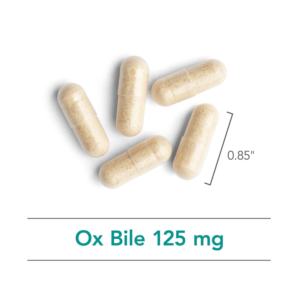Nutricology Ox Bile 125 mg bottle back reveals ingredients and suggested use.