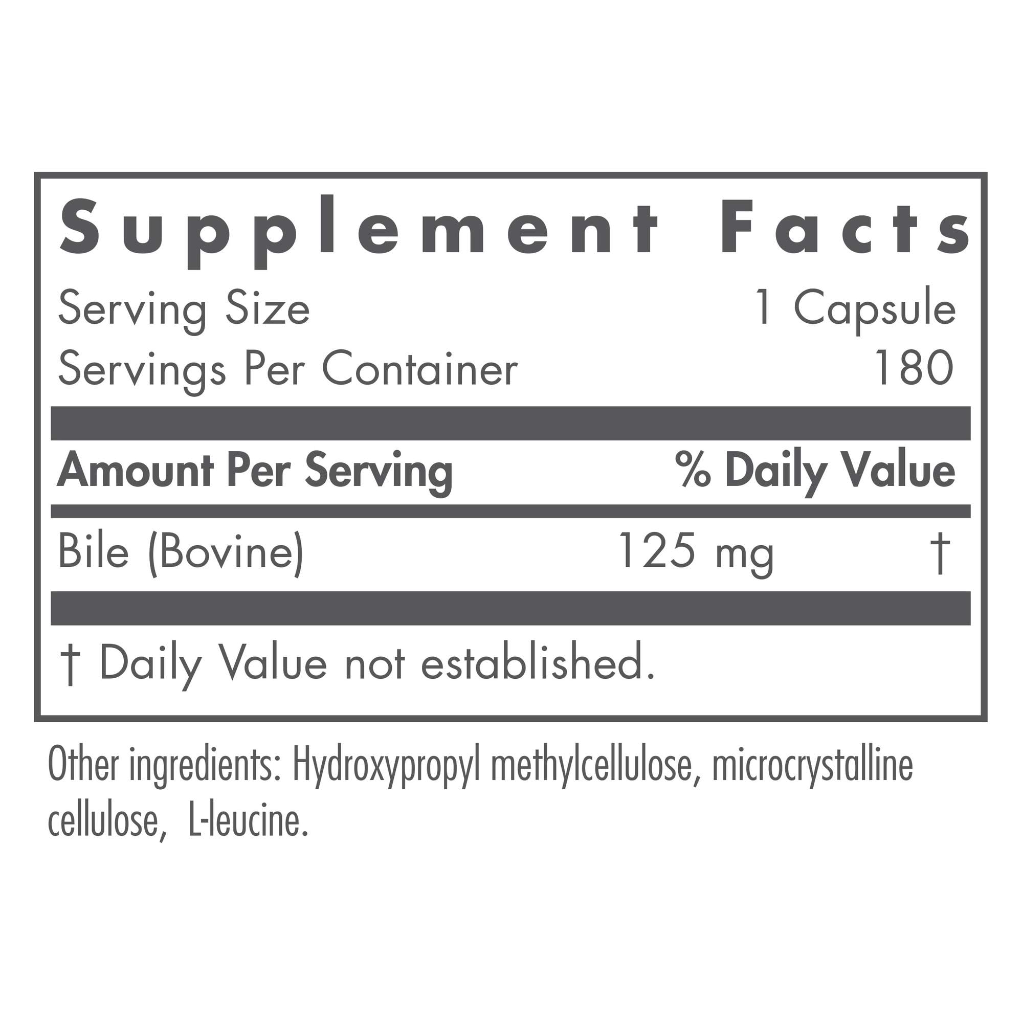 Nutricology Ox Bile 125 mg capsules closeup showing easy-to-swallow vegicaps.