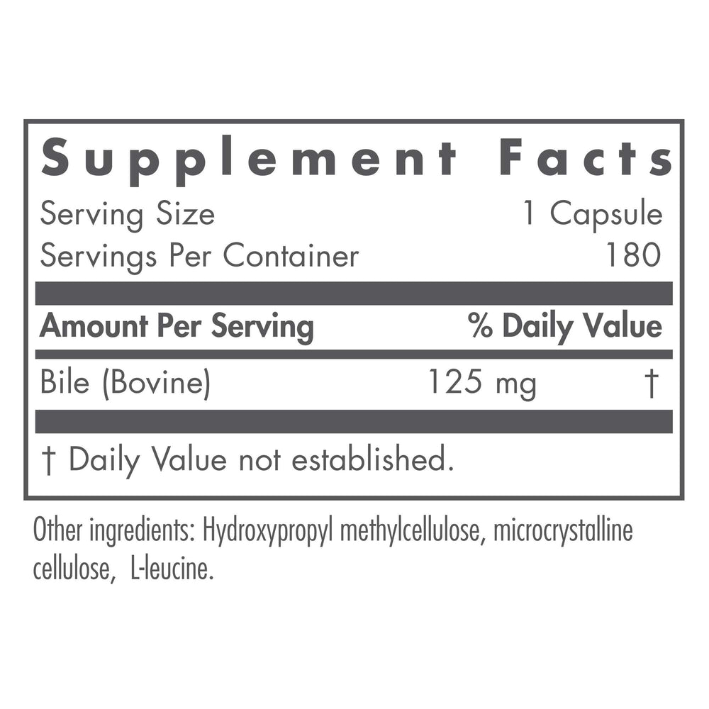 Nutricology Ox Bile 125 mg capsules closeup showing easy-to-swallow vegicaps.