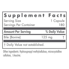 Nutricology Ox Bile 125 mg capsules closeup showing easy-to-swallow vegicaps.
