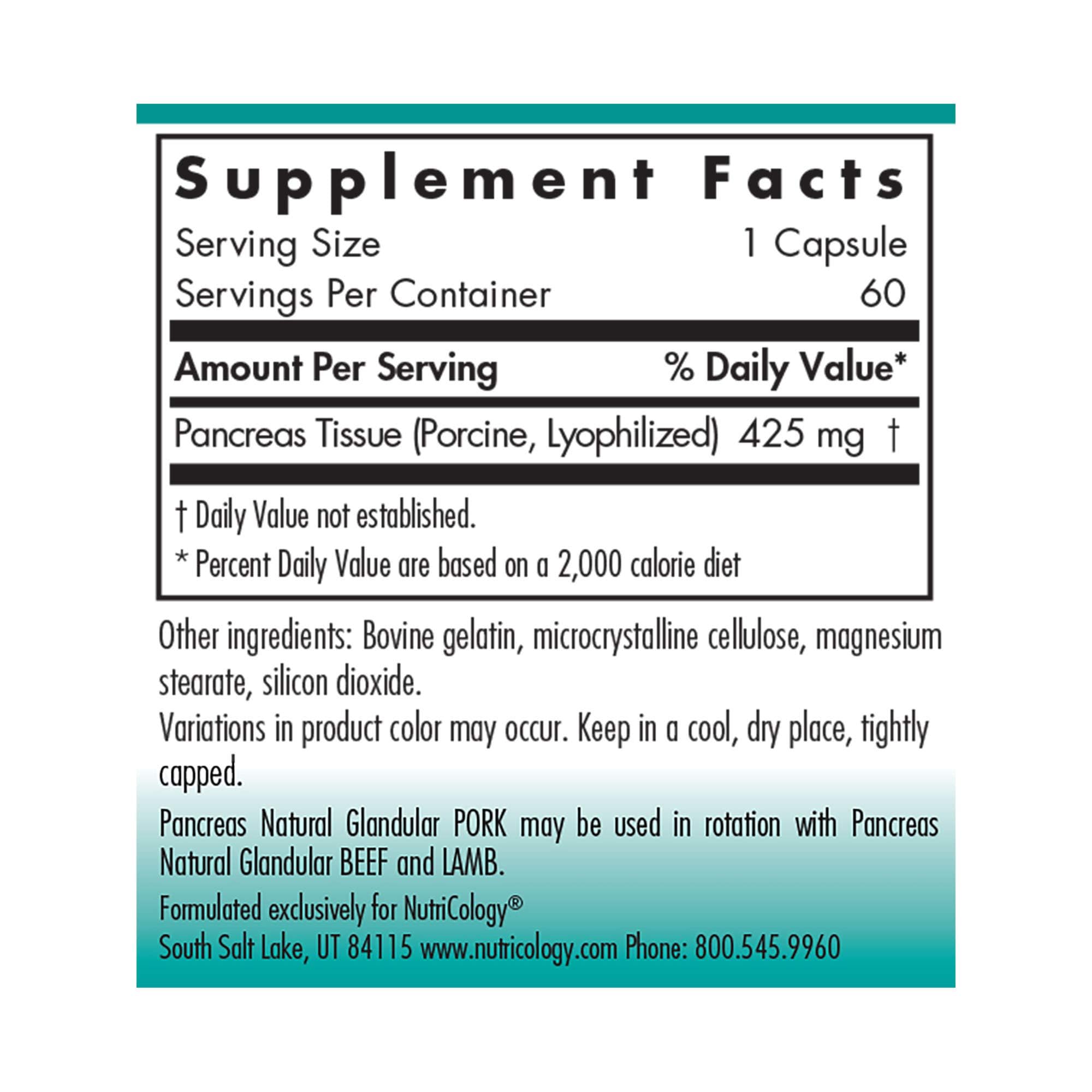 Nutricology Pancreas Pork capsules close-up, easy-to-take form for daily digestion.