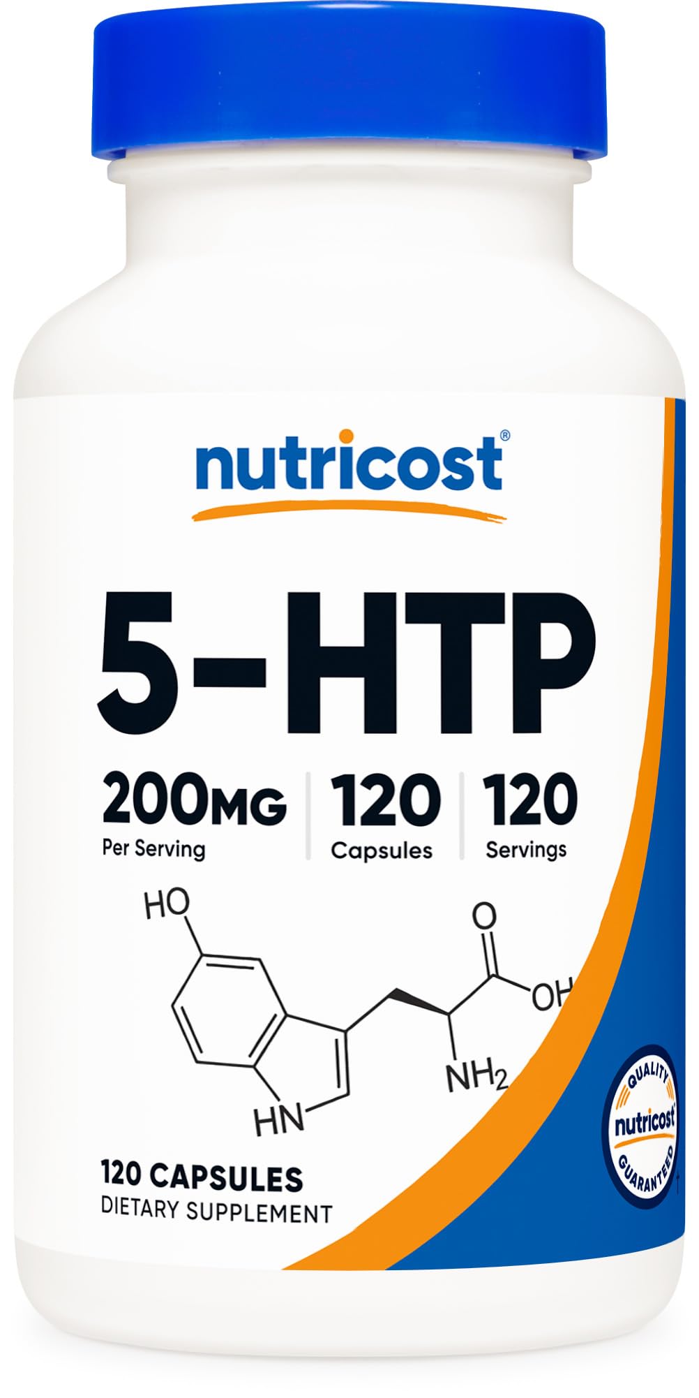 Nutricost 5-HTP bottle cap close-up; easy-to-swallow vegetarian capsules for daily use.
