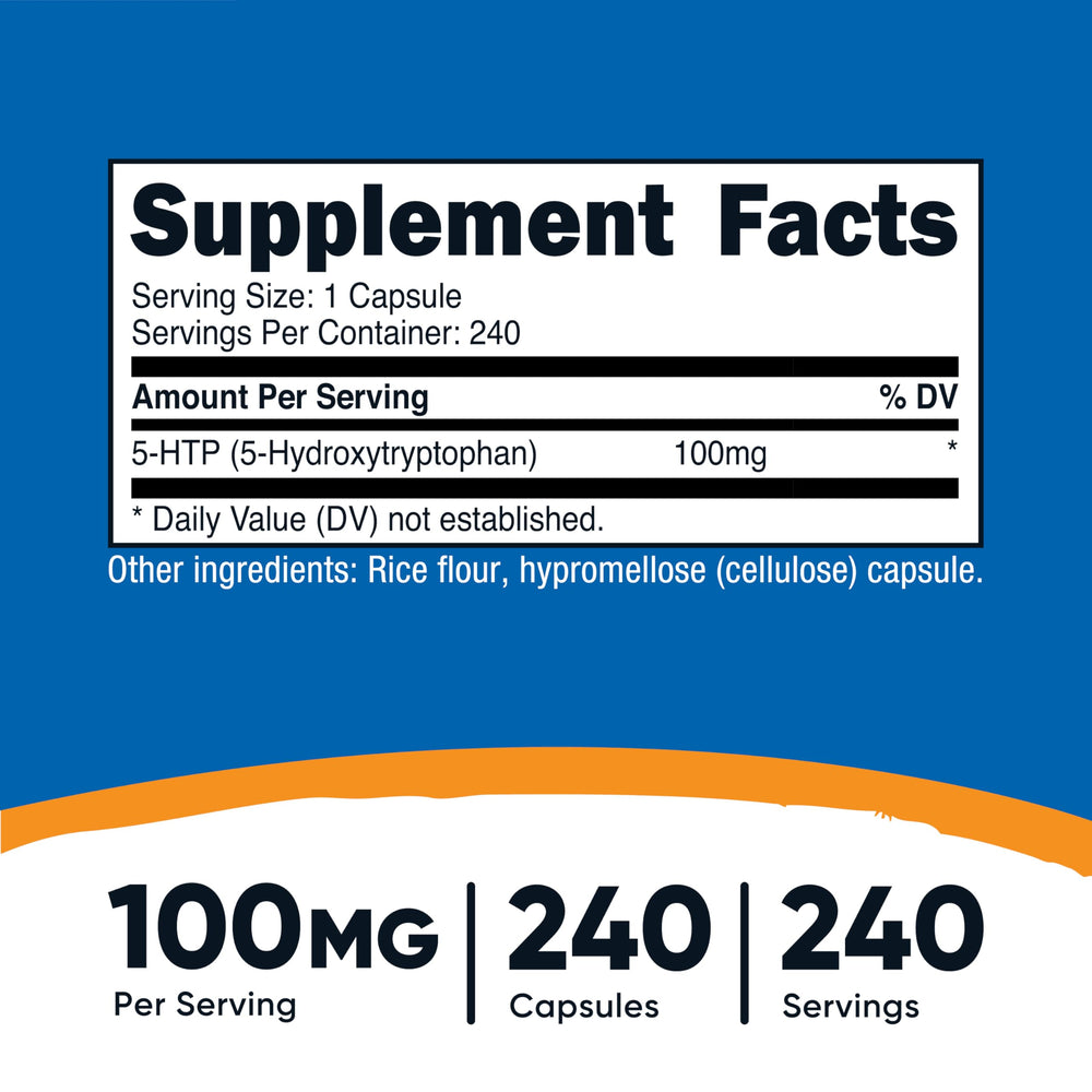 Nutricost 5-HTP capsules close-up demonstrates vegetarian, non-GMO formula
