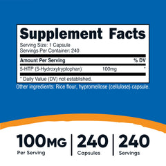 Nutricost 5-HTP capsules close-up demonstrates vegetarian, non-GMO formula