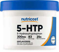 Nutricost 5-HTP powder bottle with scoop for convenient daily dosing