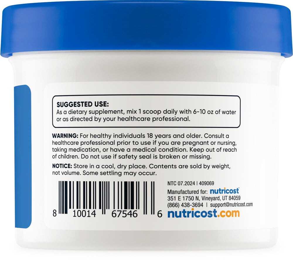 Close-up of Nutricost bottle packaging showing a clean, simple label