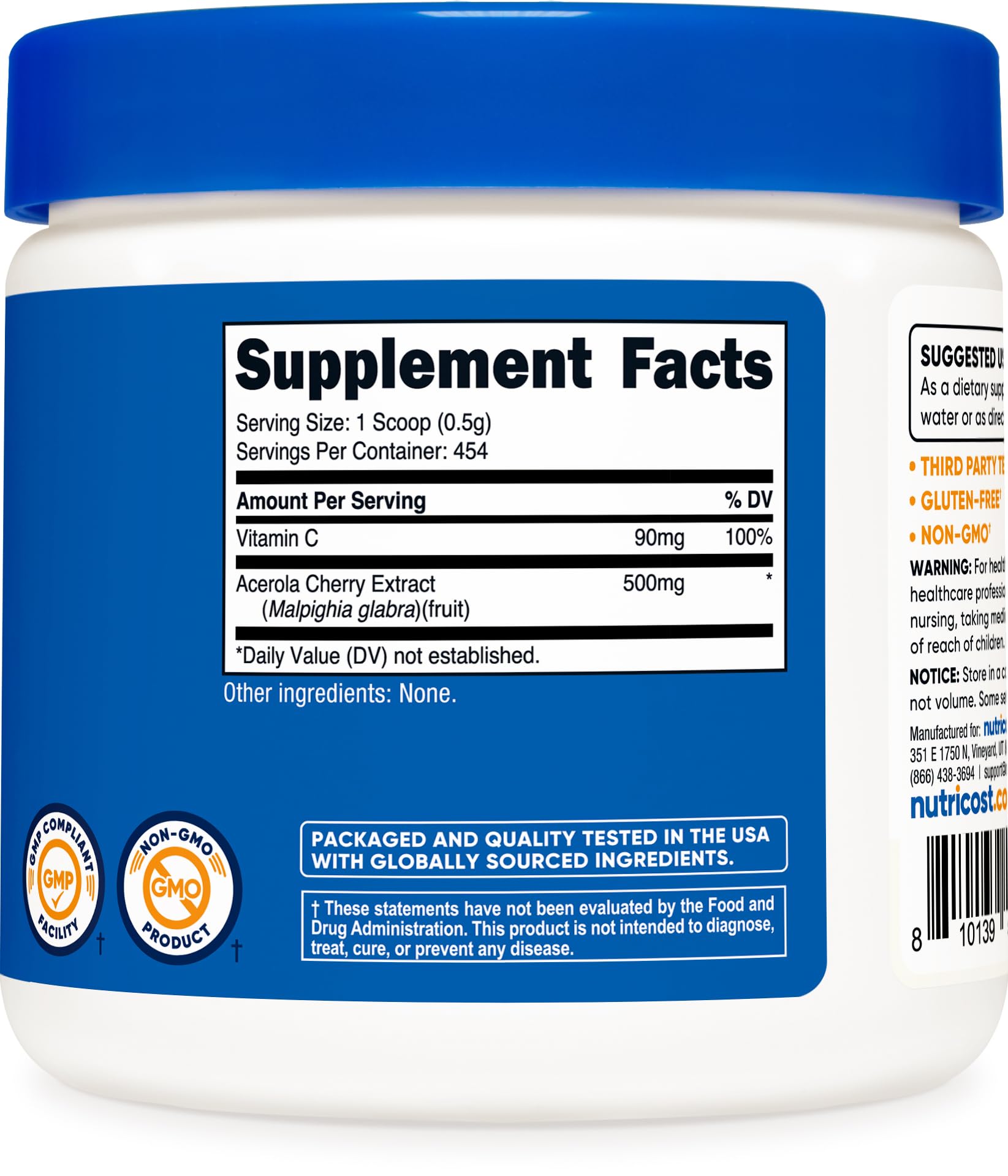 Nutricost Acerola Powder container on pantry shelf supports daily vitamin C routines