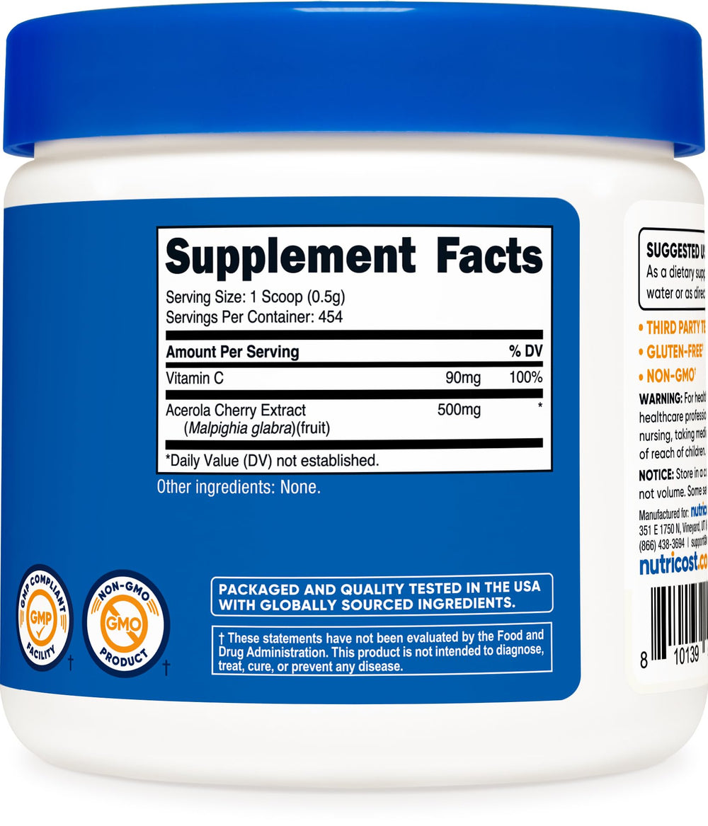Nutricost Acerola Powder container on pantry shelf supports daily vitamin C routines