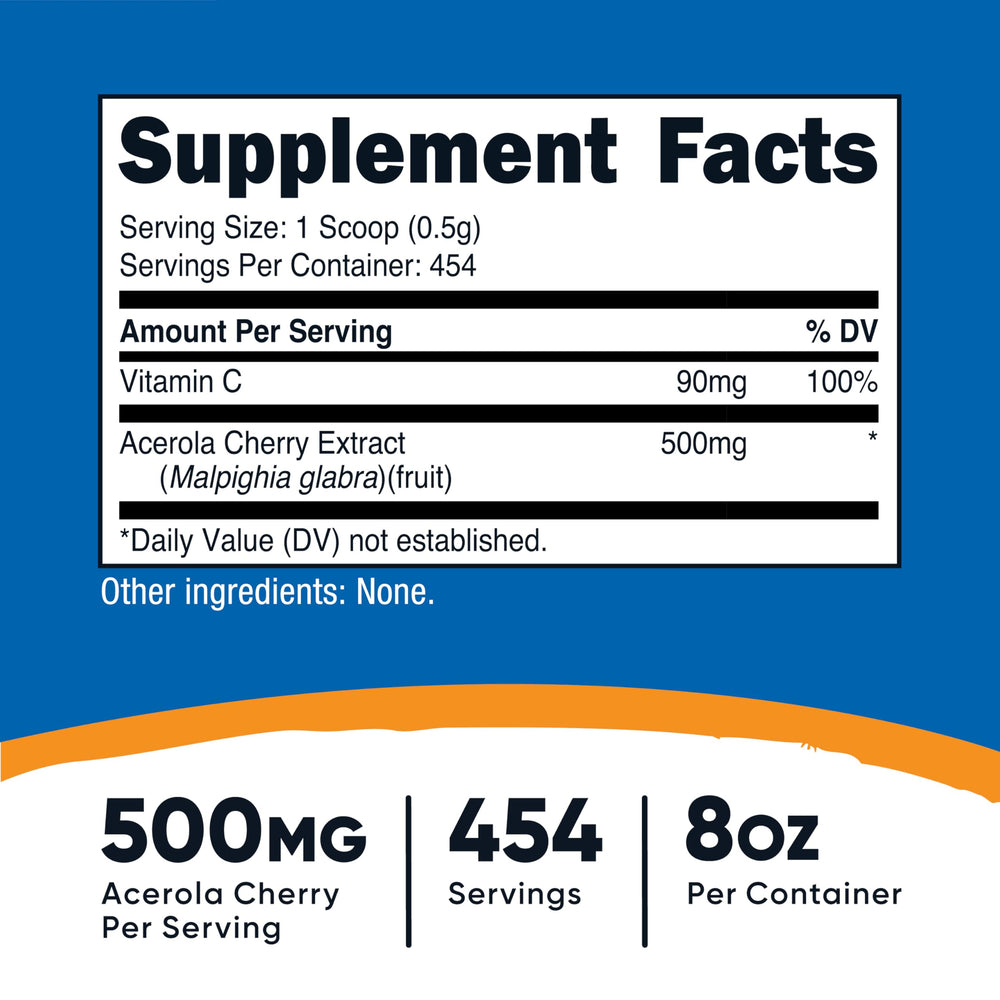 Nutricost Acerola Powder scoop highlights easy measurement for servings