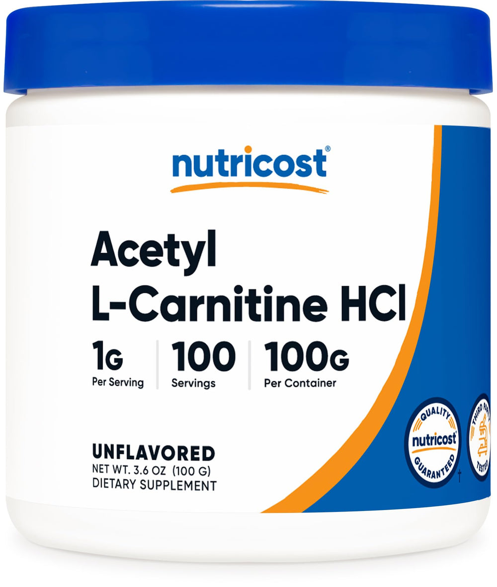 Nutricost Acetyl L-Carnitine HCI bottle front with non-GMO formula