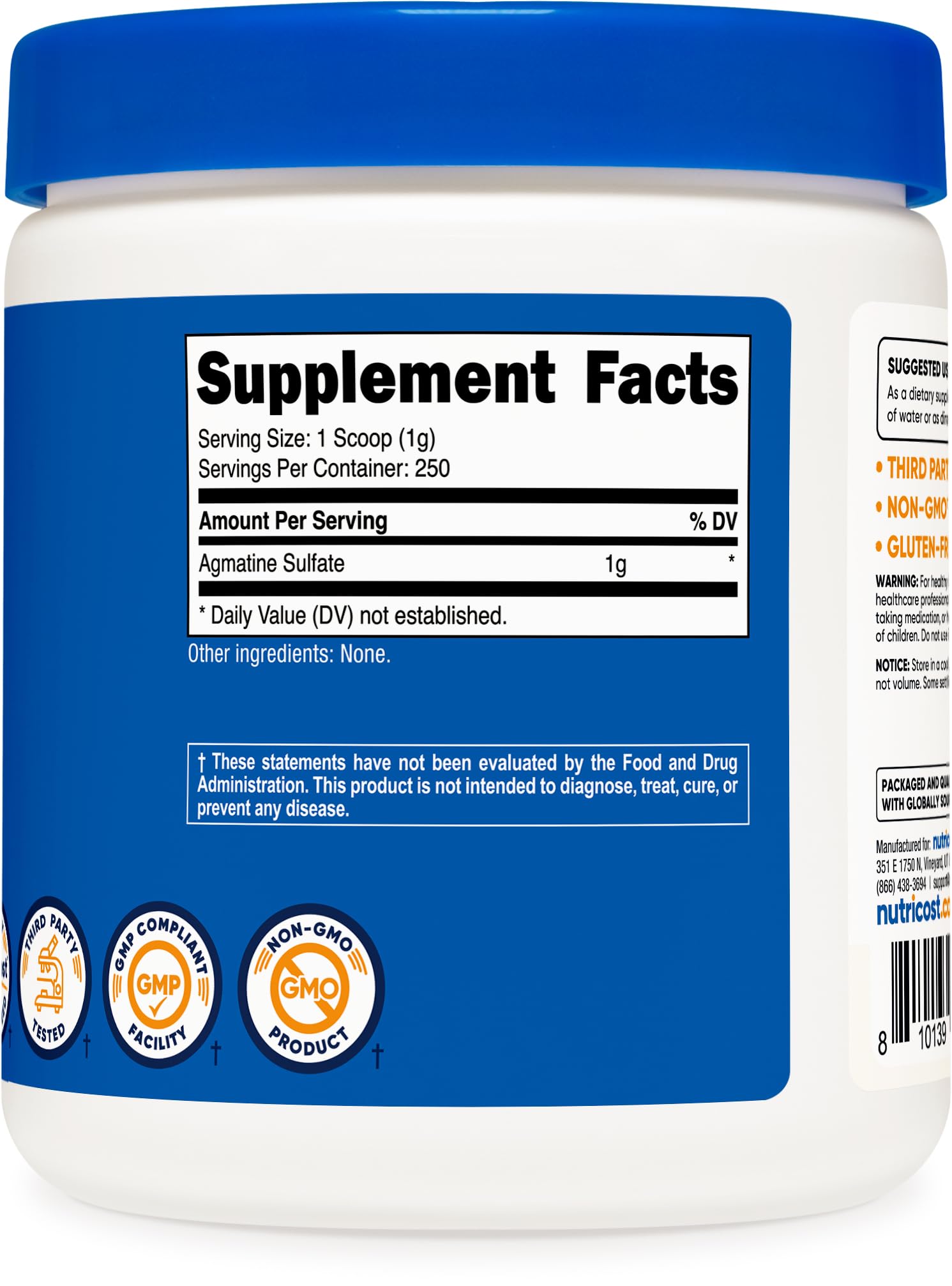 Nutricost Agmatine Sulfate powder on gym setup, suggesting a workout routine