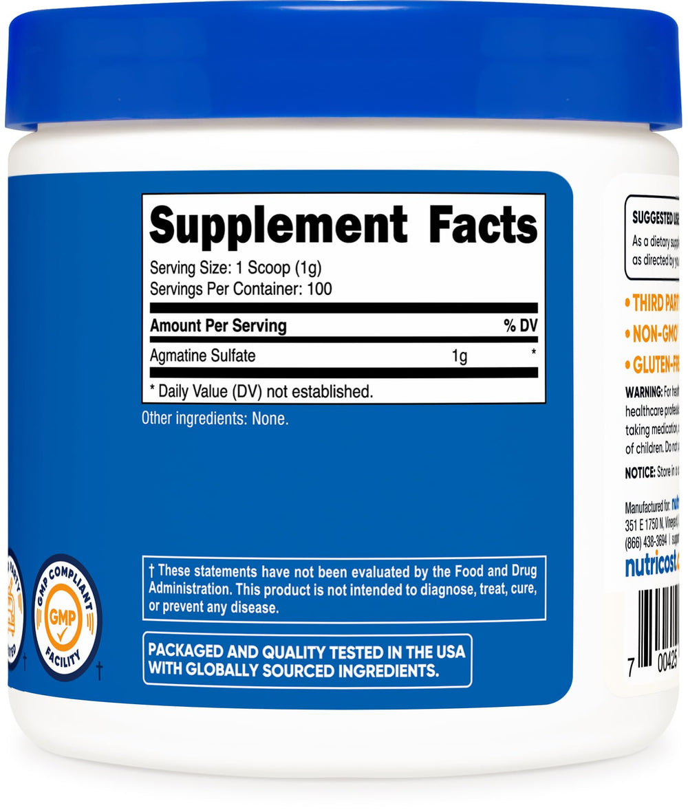 Nutricost packaging front emphasizes GMP and FDA registered facility quality.